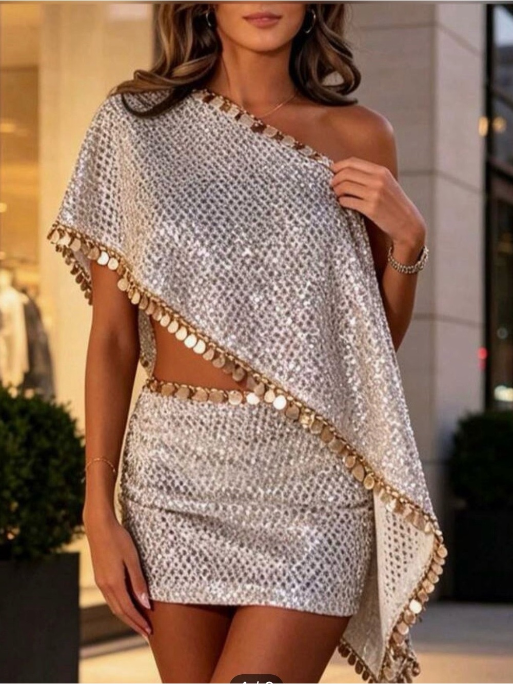 Sequin One-Shoulder Mini Dress with Gold Coin Trim - Silver